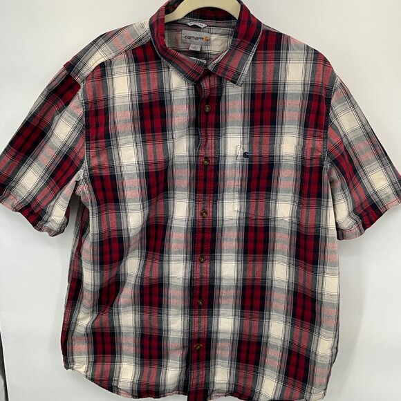 Carhartt Men's Large Red & White Plaid Short Sleeve Button-Up Shirt - Picture 2 of 5